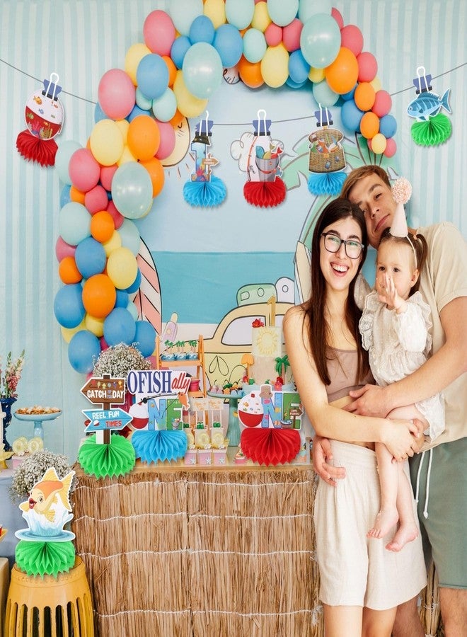RANERVZ 9pcs Ofishally First Birthday Honeycomb Centerpieces Gone Fishing Party Table Decorations O Fishally Tabletop Centerpieces for One Birthday Baby Shower Table Topper Sign Decorations - Image 3